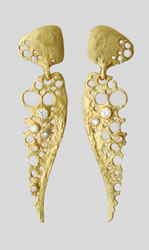 Pierced drop earrings in gold with randomly scattered diamonds